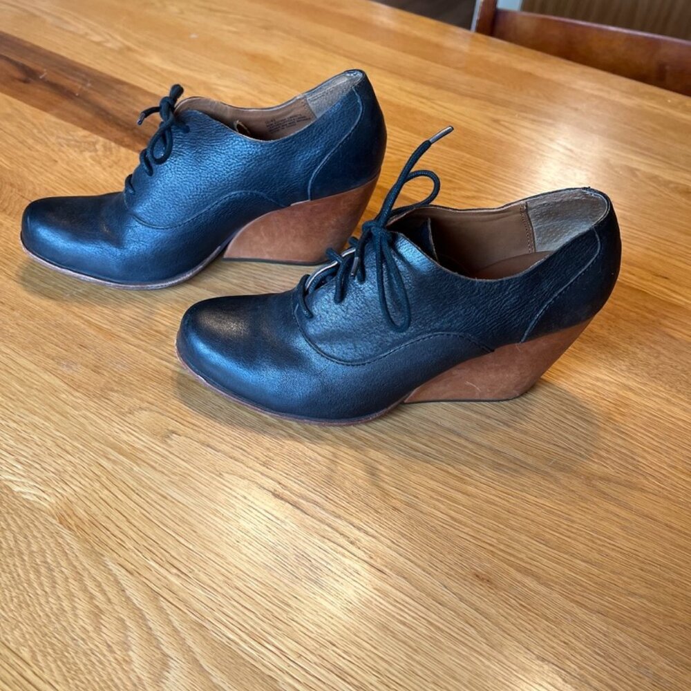 Kork-Ease Wedge Oxford Heels Women’s 10 / 42 – Black Leather Lace-Up, Wood-Look